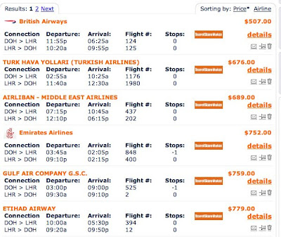 Selection of prices from Travel Grove flight search.