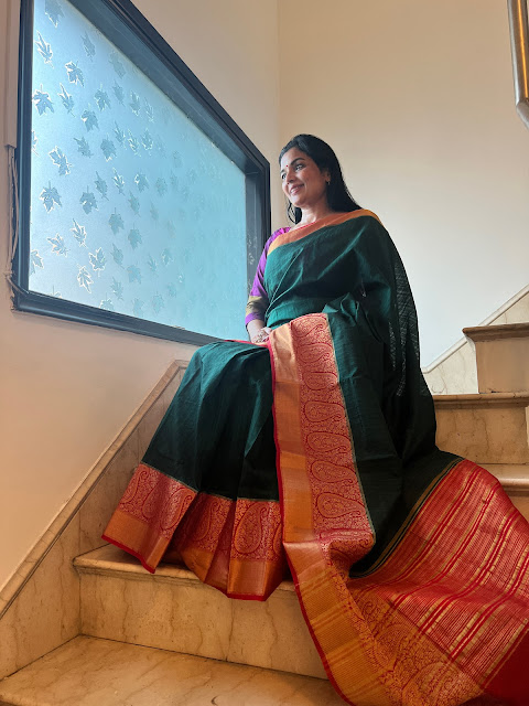 Emerald green and red Chanderi silk saree