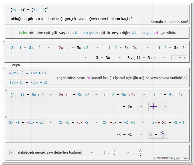 Örnek soru 8 » Üslü denklemler » üsleri aynı çift sayı olan denklem çözümü (Kaynak: Supara 9. Sınıf).