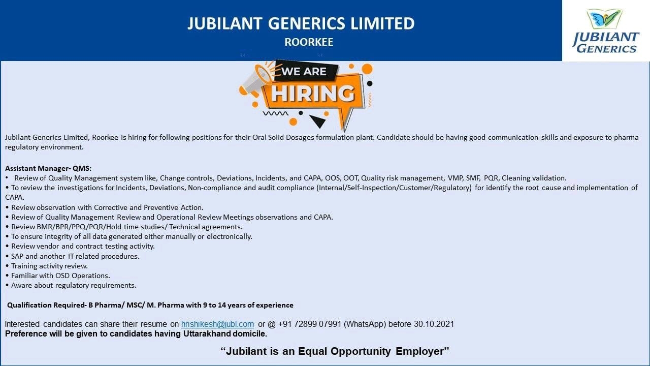 Job Availables,Jubilant Generics Limited Job Vacancy For MSc/M.Pharm/ B.Pharm/ BSc