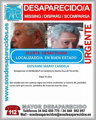 Localizan buen estado a Giovanni Mario Candela, hombre que estaba desaparecido en Candelaria, Tenerife