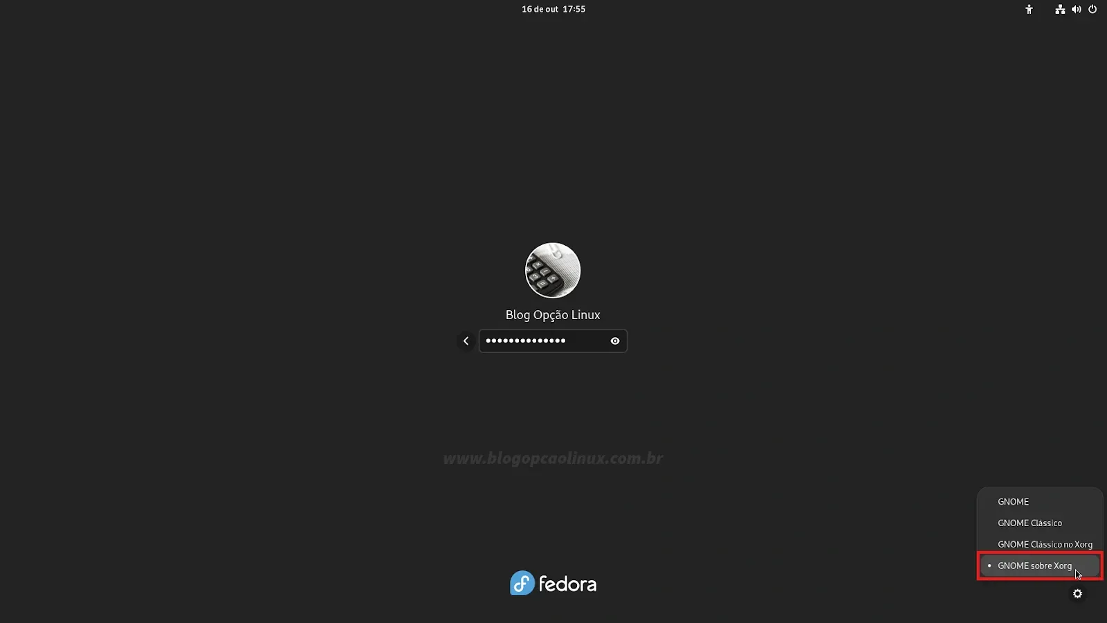 Selecione a opção 'GNOME sobre Xorg' na tela de login