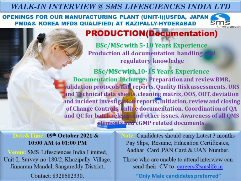 Job Availables,SMS LIFESCIENCES INDIA LTD WALK-IN INTERVIEW For BSc/MSc-Production