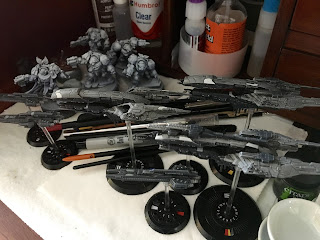 SquadPainter on my painting table Hawk War-games UCM cruisers Dropfleet Commander W40K Space Hulk GW