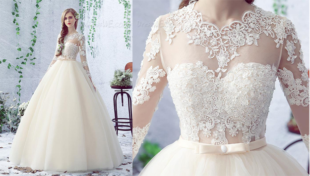 Lovely Bowknot Long Sleeves Lace-Up Floor Length Ball Gown Wedding Dress (11341958) 