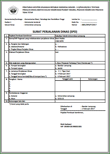 Aplikasi Excel Surat Perintah Perjalanan Dinas (SPPD 