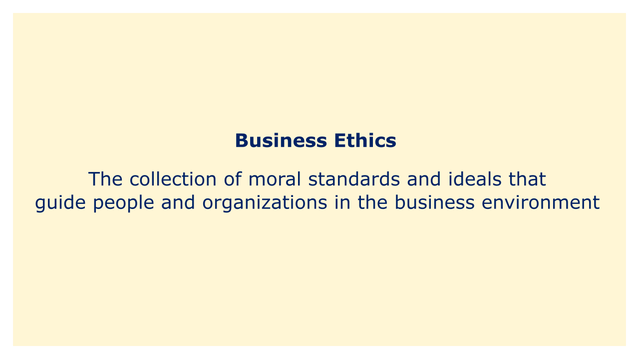 The collection of moral standards and ideals that guide people and organizations in the business environment.