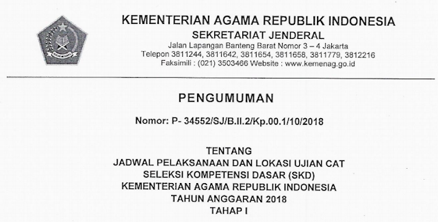  KEMENTERIAN AGAMA REPUBLIK INDONESIA TAHUN Jadwal Pelaksanaan dan Lokasi Ujian CAT (SKD) Kementerian Agama RI Tahun Anggaran 2018 Tahap 1