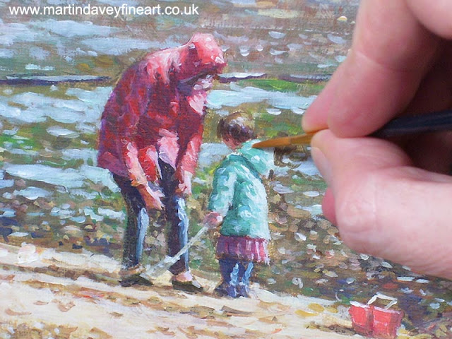 family on seaside winter work in progress acrylic painting