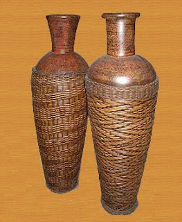 Antique flower vase with brown rattan