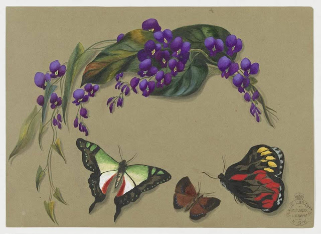 Christmas Card design depicting purple flowers and butterflies.