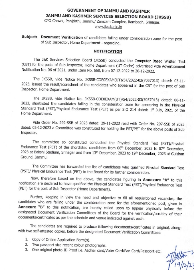 JKSSB Notice regarding Document Verification of candidates falling under consideration zone for the post of Sub Inspector