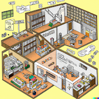 School makerspace in the style of M.C. Escher