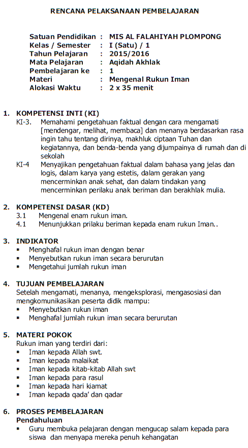 Rpp Akidah Akhlak Kelas 4 Mi K13 - Revisi Sekolah