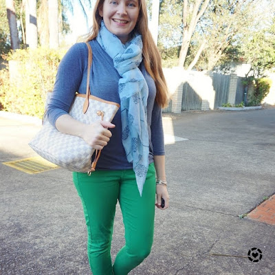 awayfromtheblue instagram | blue and green skinny jeans wrap top neverfull and tree print scarf outfit