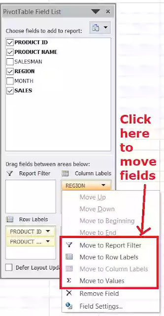 move fields Pivot table in excel