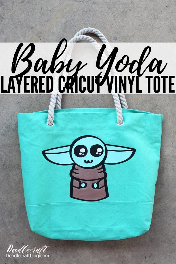 Baby Yoda The Child from Star Wars the Mandalorian Layered Cricut Iron-On Vinyl Tote Bag DIY with Baby Yoda by Doodlecraft Template Download Coloring Book page, black and white outline, svg file, free download image inspired by Disney's Star Wars Mandalorian