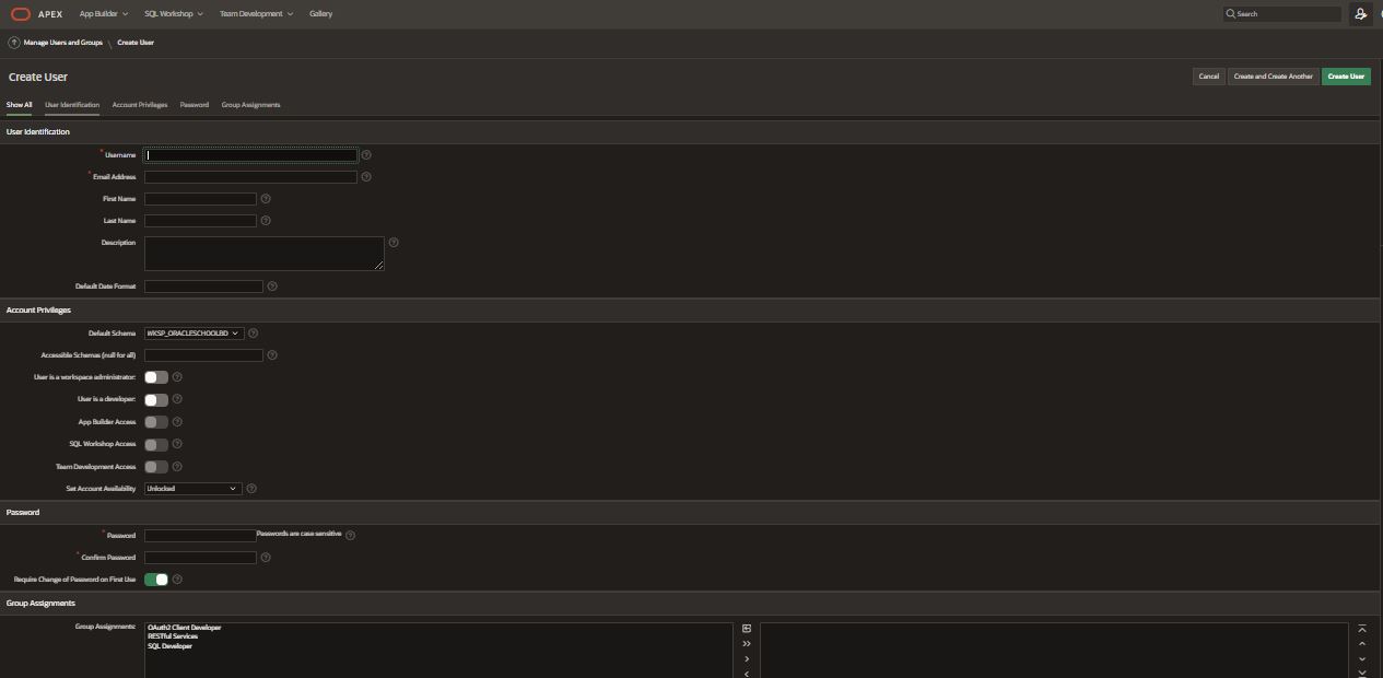 Create Workspace User on Oracle Apex