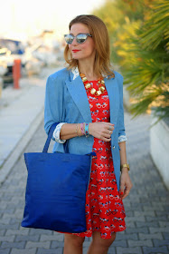 Blackfive denim blazer, nava design shopper bag, yumi glasses print dress, Fashion and Cookies, fashion blogger