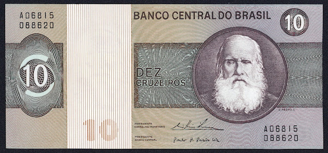 Brazil money currency 10 Cruzeiros banknote 1975 Emperor Dom Pedro II