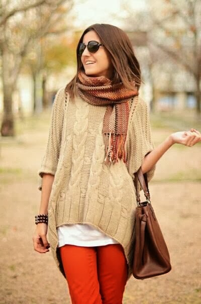 Chic scarf, oversize sweater, white blouse and red pants for fall