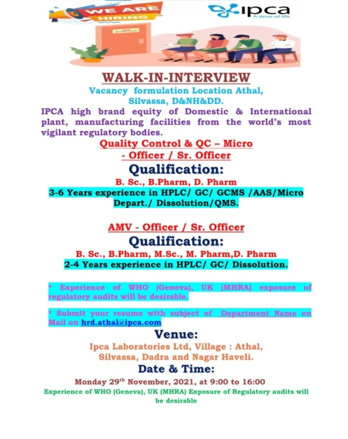 Job Availables,Ipca Laboratories Walk-In-Interview For BSc/ MSc/ B.Pharm/ M.Pharm/ D.Pharm