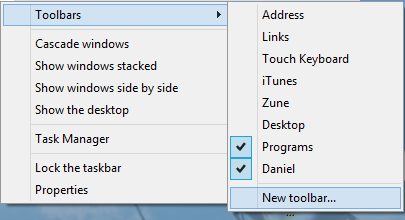 Adding a new toolbar windows 8 taskbar