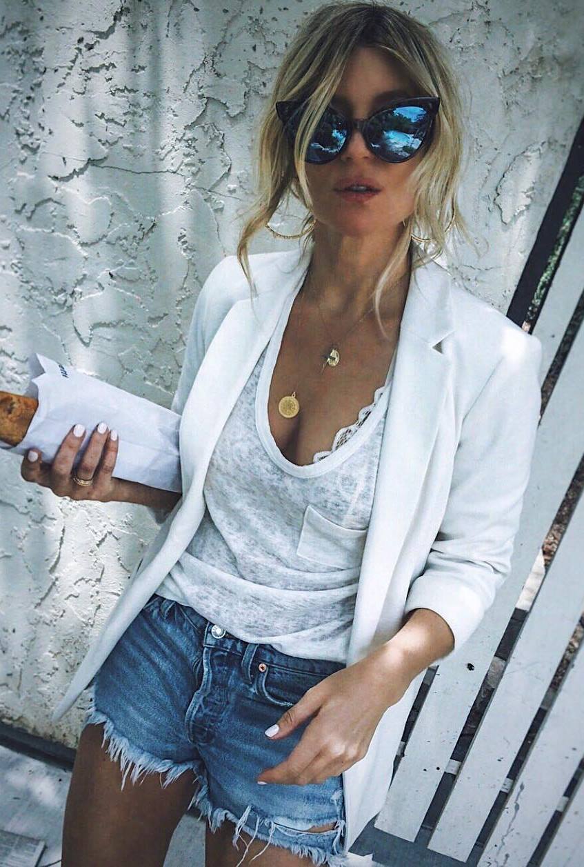 what to wear with a blazer : white tank top and denim shorts