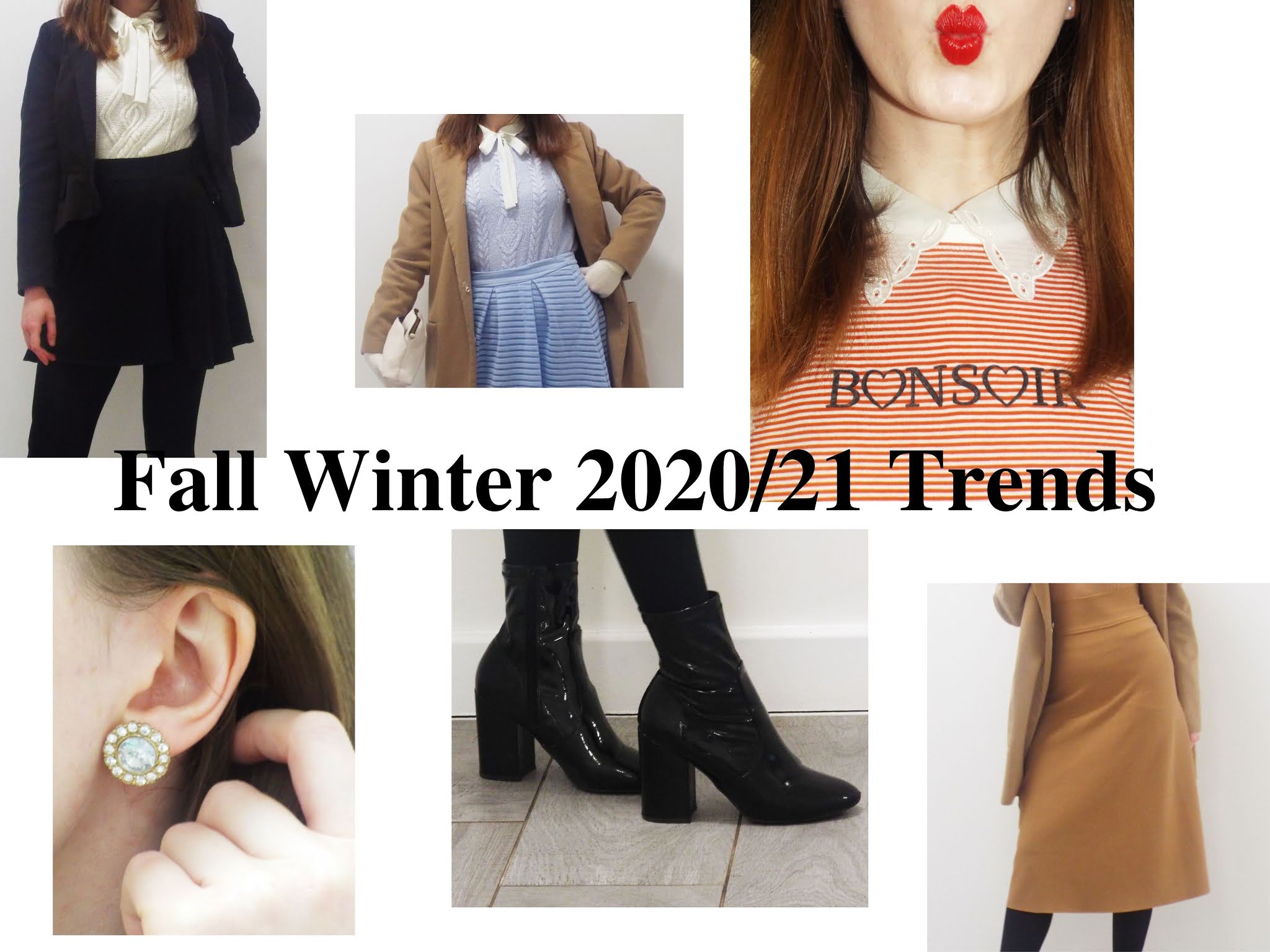 Collage of Fall Winter 2020/21 fashion trends and outfit ideas, modelled by Ellie.