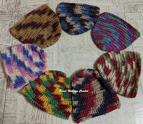 Sweet Nothings Crochet free crochet pattern blog, free crochet pattern for a cap or beanie, photo of the 7 different caps,
