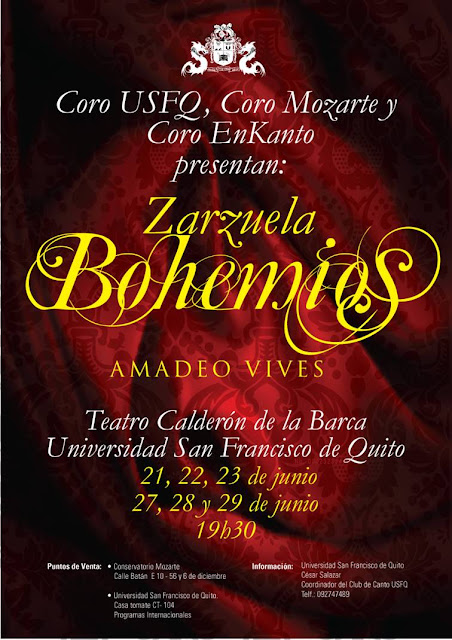 Coro USFQ presenta Zarzuela "Bohemios": 21-23 junio, 27-29 junio, Teatro Calderón de la Barca