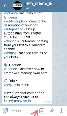 Menu dan submenu bot telegram informasi cuaca dan iklim