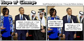 obama, obama jokes, political, humor, cartoon, conservative, hope n' change, hope and change, stilton jarlsberg, saudi arabia, king, hair, hijab