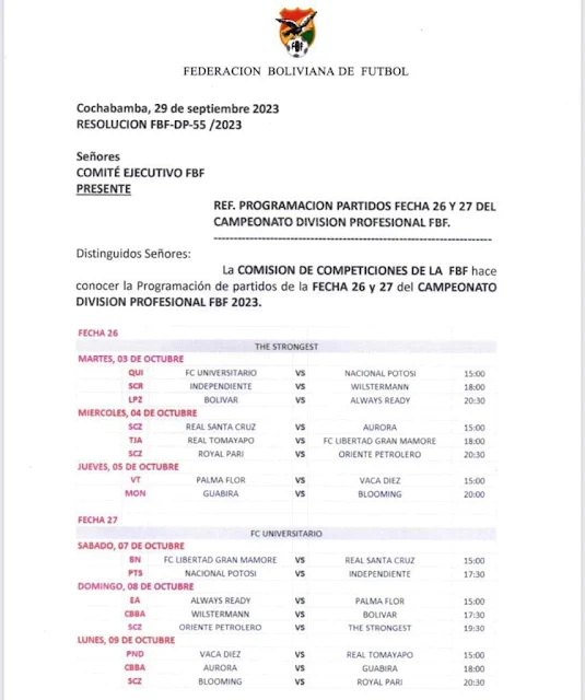 Fixture Fecha 26 y 27 del Torneo Todos Contra Todos