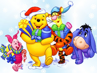 Smiling Christmas teddy bear with Santa hat, X mas gifts in hands and cartoon characters desktop wallpaper