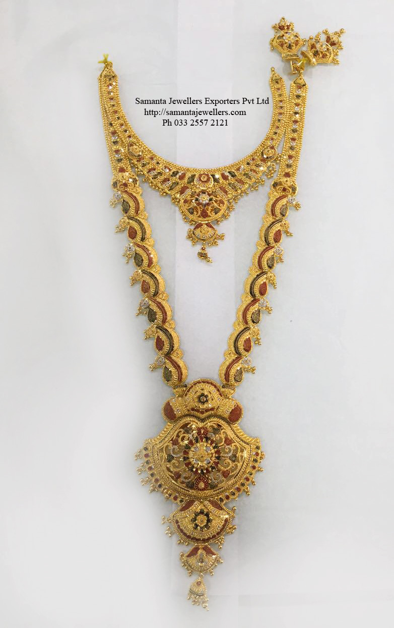 Latest Gold Ranihaar Long Necklace Designs , gold Jewelery manufacturer kolkata Samanta Jewellers, Bridal Gold Longset Uset Haram Guluband Uset design