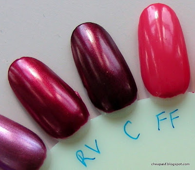 e.l.f. Essential Nail Polish swatches (left to right):  Red Velvet, Cranberry, Flirty Fuchsia