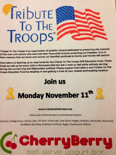 CherryBerry promotional poster describing their Tribute to the Troops promotion