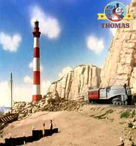 Thomas and friends Spencer train showed the Duchess and Duke Salty's lighthouse sea front beach sand