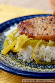 A new green tomato recipe! Pork chops baked with curry-seasoned green tomatoes and onions served over rice. Recipe  from a vintage cookbook.