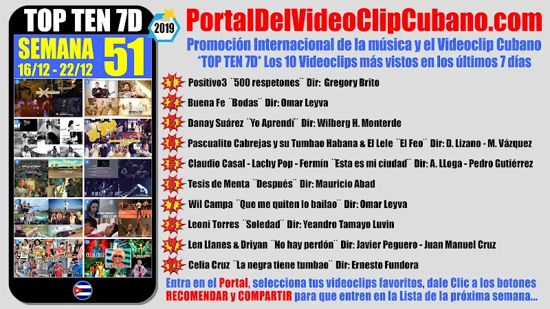 Artistas ganadores del * TOP TEN 7D * con los 10 Videoclips más vistos en la semana 51 (16/12 a 22/12 de 2019) en el Portal Del Vídeo Clip Cubano