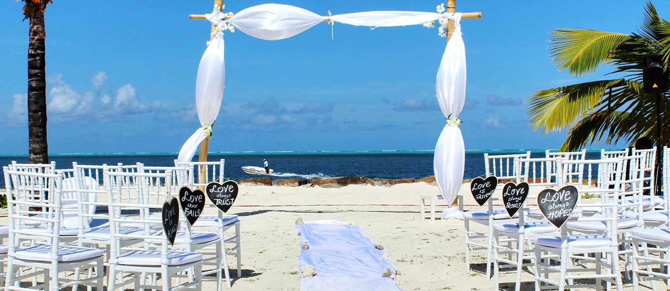 wedding on beach with white chairs and palm trees by the ocean