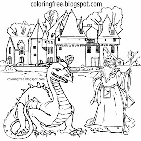 Magic dragon Camelot Merlin wizard coloring book Europe medieval palace drawing ideas for teenagers