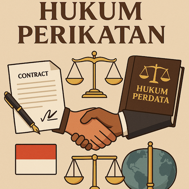Ilustrasi hukum perikatan dengan dua tangan berjabat sebagai simbol kesepakatan, dokumen kontrak bertanda tangan, buku hukum perdata, dan timbangan keadilan dalam nuansa warna elegan.