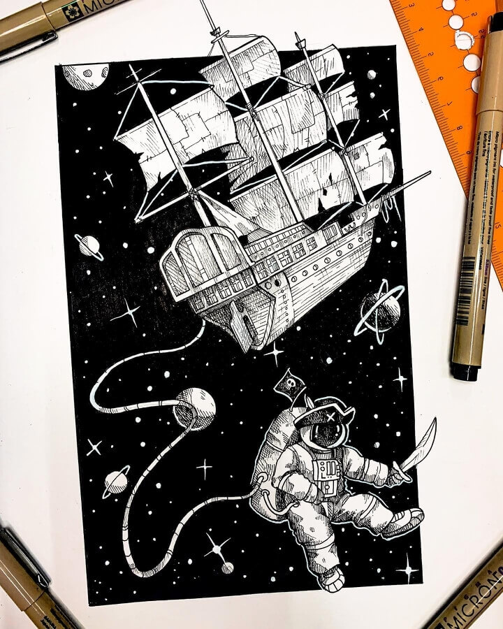 03-A-pirate-astronaut-Ink-Drawings-Jake-www-designstack-co