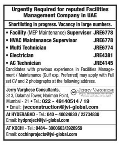 Facility management company jobs for UAE