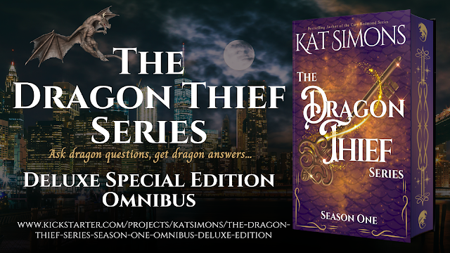 City background, flying dragon to the left, Large image of book with purple/orange cover, large golden key, and decorative sprayed edges to the right. TEXT: The Dragon Thief Series, Ask dragon questions, get dragon answers... Deluxe Special Edition Omnibus, link www.kickstarter.com/projects/katsimons/the-dragon-thief-series-season-one-omnibus-deluxe-edition