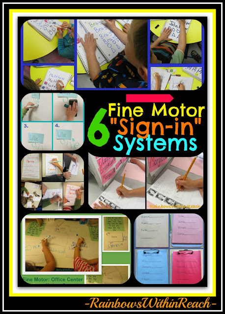 photo of: 6 Different Fine Motor "Sign-in" Systems used in Preschool and Kindergarten, fine motor development