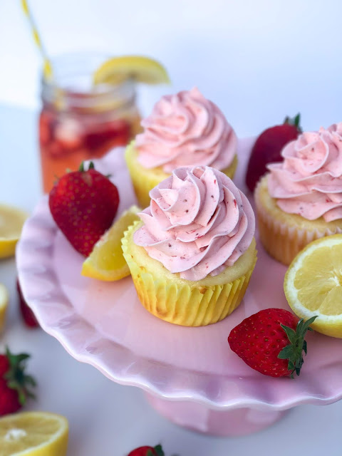 Strawberry Lemonade Cupcake Recipe. Lemon cupcakes with strawberry puree buttercream frosting. Beautiful summer dessert