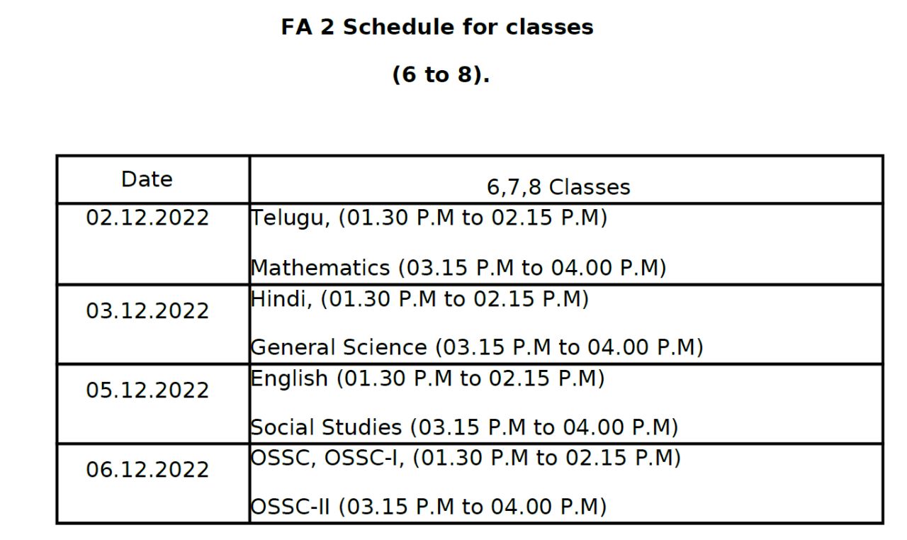 FA2 EXAM TIME TABLE